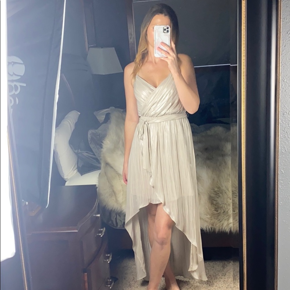 Express Metallic Pleated Asymmetrical Maxi Dress